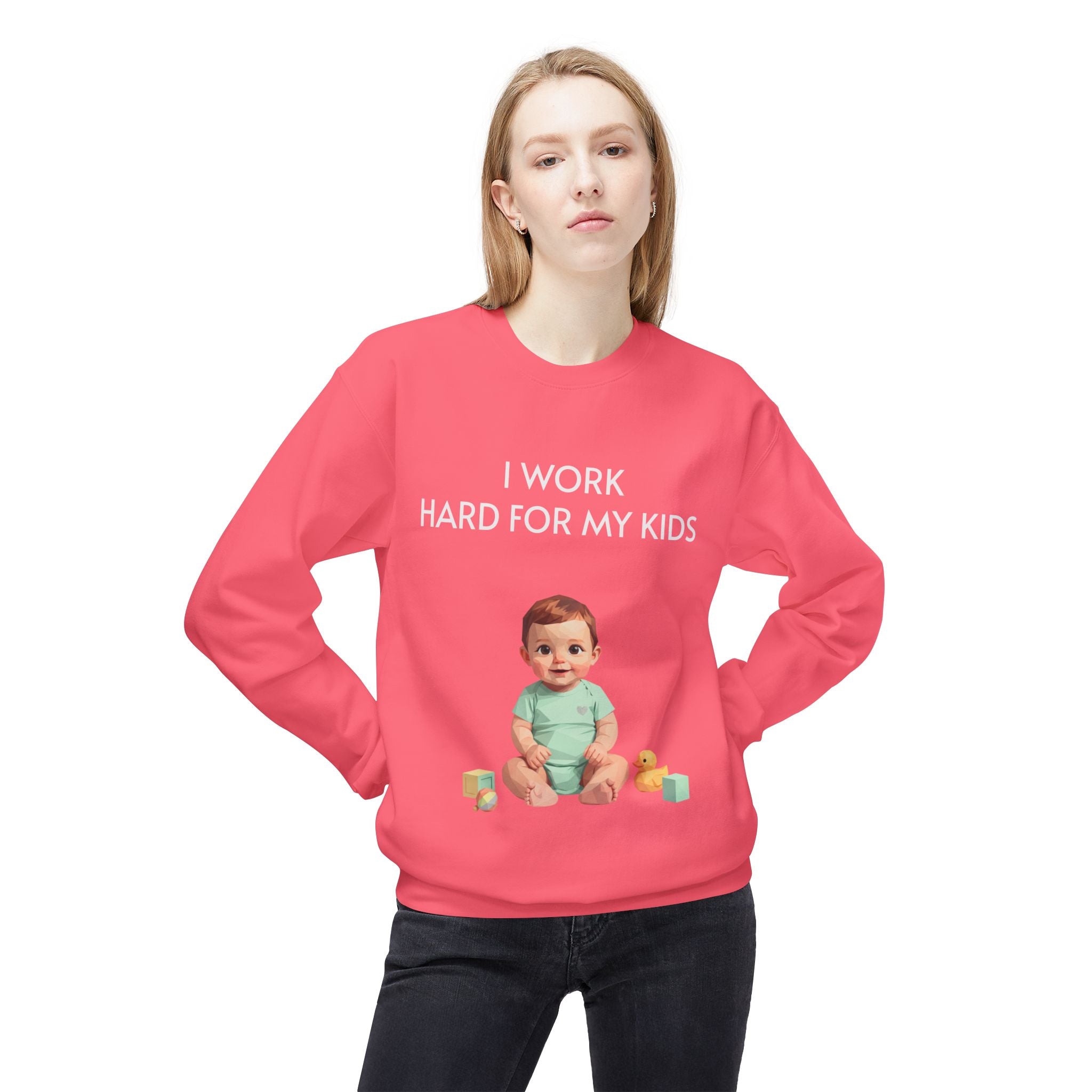 Kids-Work Crewneck Sweatshirt — “I Work Hard For My Kids” Baby Graphic