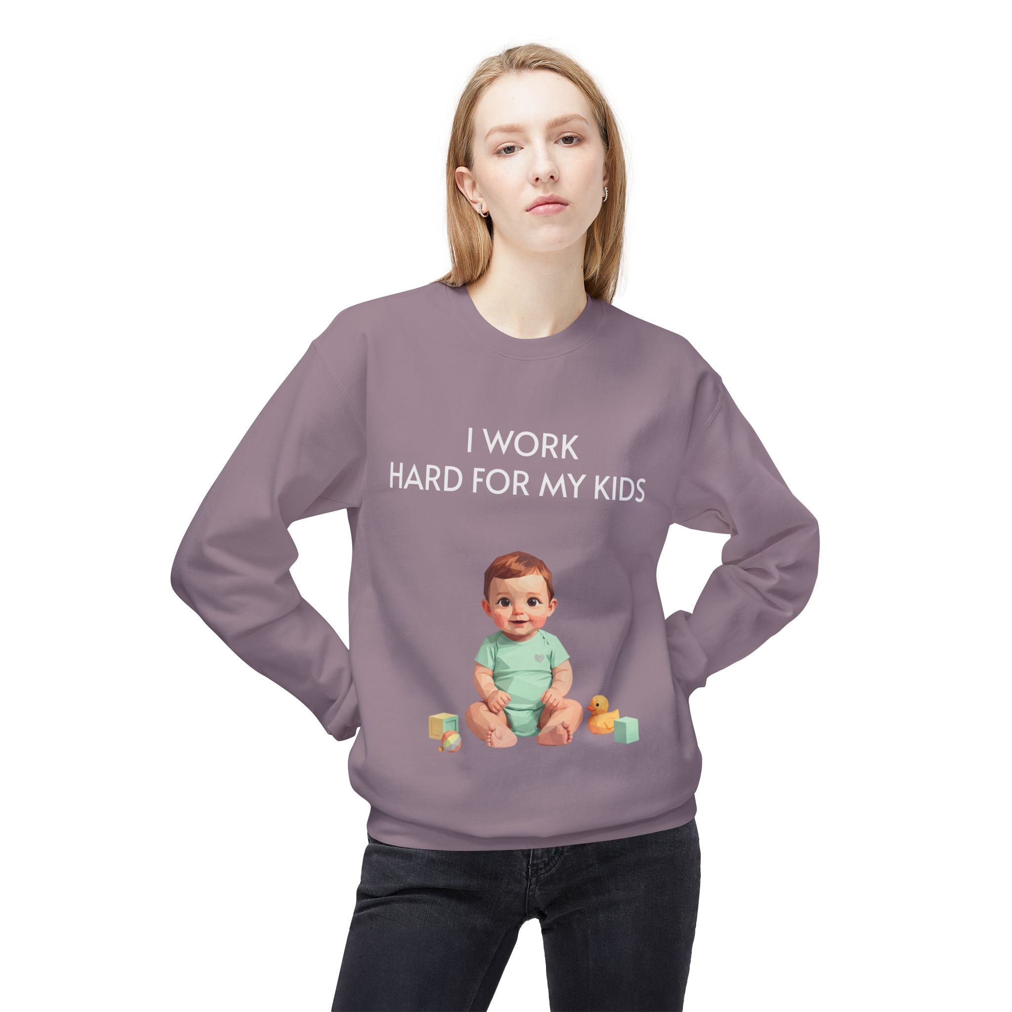 Kids-Work Crewneck Sweatshirt — “I Work Hard For My Kids” Baby Graphic